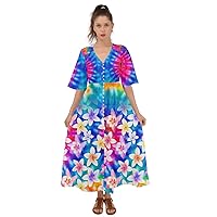 CowCow Womens V Neck Long Dress Vintage Tie Dye Watercolor Pattern Kimono Sleeve Boho Dress