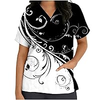 Womens Working Uniform Tops Floral Printed Mock Neck Short Sleeve Tshirt Sexy Flannel Shirts for Women Oversized