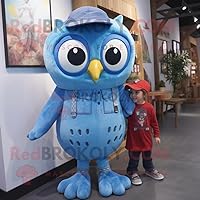 Blue Owl mascot costume character dressed with a Dungarees and Watches
