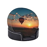 Hot air Balloon Sunset Drink Coasters Set of 6 with Holder Leather Coasters Non-Slip Cup Mat for Home Tabletop Decor 4 Inch