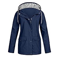 RMXEi Women Solid Stripe Rain Jacket Outdoor Plus Hooded Raincoat Windproof