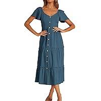 Women Summer Dresses, Solid Color Button Casual Versatile Short Sleeved V Neck Dress for 2024 Vestidos, S, XXL