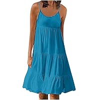Sundresses for Women Casual Scoop Neck Spaghetti Strap Sleeveless Ruffle Flowy Tiered Mini Dress Summer Beach Cami Tank Dress