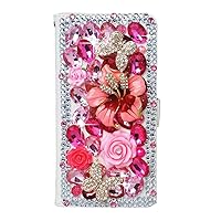 Crystal Wallet Phone Case Compatible with iPhone 15 Pro Max - Butterfly Flowers - Hot Pink - 3D Handmade Glitter Bling Leather Cover with Screen Protector & Neck Strip Lanyard