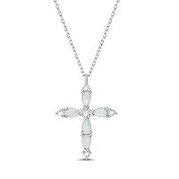 Rhodium Plated Sterling Silver Teardrop Laboratory Created Opal and CZ Cross Pendant Necklace on 18 Inch Cable Chain Necklace for Women