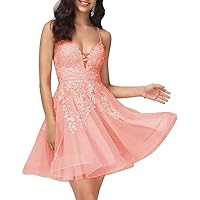 Junior's Tulle Short Homecoming Dresses Spaghetti Straps V-Neck Party Gowns Lace Applique Mini Formal Prom Dress