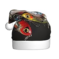 Fishing Bait print Christmas Santa Hat Soft Plush Xmas Hats Christmas Decoration For Unisex Adults Christmas Costume Favors 1 PCS