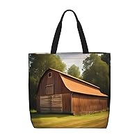 Wooden Barn Countryside Tote Bag with Zipper for Women Inside Mesh Pocket Heavy Duty Casual Anti-water Cloth Shoulder Handbag Outdoors