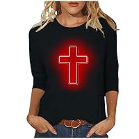 Women Cross Faith 3/4 Sleev T-Shirt Printed Crewneck Casual Dressy Blouses Graphic Cute Tops Loose Fit Tunics