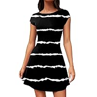Summer Mini Dresses for Women 2024 Crewneck Cap Sleeve Work Out a Line Dress Flare Short Sleeve Stretchy Mini Basic Dresses Sales Today Clearance(4-Black,Large)