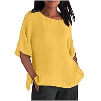 Women's Cotton Linen Blouse Shirts Half Sleeve Tunic Top Solid Color T-Shirt Side Split Plus Size Work Blouses