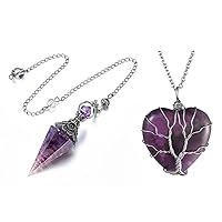 Top Plaza Bundle - 2 Items: 6 Facet Hexagonal Point Pendant Pendulum for Reiki Wicca Dowsing Balancing & Natural Amethyst Healing Crystals Silver Tree Of Life Wire Wrapped Heart Shape Stone Necklace