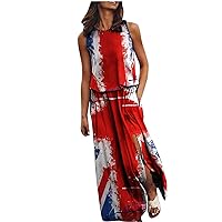 Women Sleeveless USA Flag Loose Fit Dress for Women Crewneck Beach Hawaiian Pleated Slit Maxi Long Fall Summer 2024