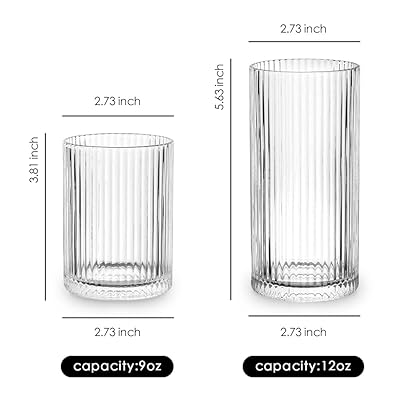 Combler Glass Cups with Straws, Drinking Glasses 12.5oz, Ribbed Glassware Set of 4, Iced Coffee Cup Coffee Bar Accessories Essentials, Glassware