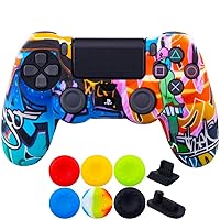 9CDeer 1 Piece of SiliconeTransfer Print Protective Cover Skin + 6 Thumb Grips & Dust Proof Plugs for PS4/Slim/Pro Controller Cartoon Paints