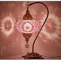 DEMMEX Turkish Moroccan Mosaic Table Lamp, Swan Neck Handmade Desk Bedside Table Night Lamp, Decorative Tiffany Style Turkish Mosaic Lamp Light Lampshade, Light Pink