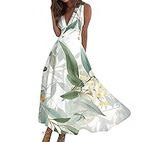 Womens Summer Maxi Dress Deep V Neck Floral Printed High Waist Beach Long Maxi Flowy Trendy Cruise Wear 2024