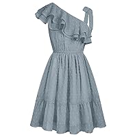 GRACE KARIN Girls Summer Dress One Shoulder Ruffle Sleeve Midi Casual Sundress