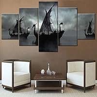 Norse Decor Black and White Painting Vikings Ship Artwork Fantasy Sailing Boat Pictures for Living Room Home 5 Panel Dragon Canvas Wall Art Modern Framed Ready to Hang Posters and Prints(60''Wx32''H)