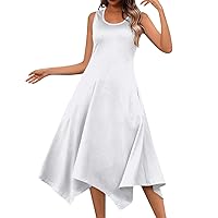 Sun Dresses for Women 2024 Vacation Flowy Dresses for Women 2024 Summer Solid Color Simple Classic Casual Slim with Sleeveless Crewneck Tunic Dress White X-Large