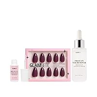Glamnetic Press On Nails - Merlot Dark Red Nails with Brush On Nail Glue and Press On Nail Glue Remover | Glossy French Tips in a Matte Finish, Reuseable Nails | 15 Sizes - 30 Nail Kit