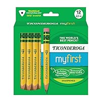 Ticonderoga My First Short Triangular Wood-Cased Pencils, 2 HB Soft, With Erasers, Yellow, 12 Count