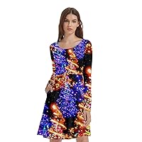 CowCow Womens Long Sleeve Dress with Pockets Christmas Xmas Lights Winter Colorful Gem Pattern Skater Dress XS-5XL