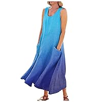 Spring Dresses for Women 2024 Printed Flowy Dresses with Pocket Sleeveless Lightweight Sun Dress Swing Trendy Dress