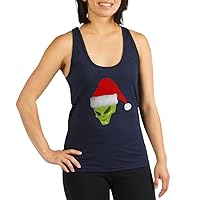 Women's Racerback Tank Top Dk Green Alien Head with Christmas Santa Hat