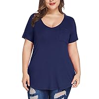 MONNURO Plus Size Tops for Women Casual V Neck Summer Short Sleeve T Shirts with Pocket
