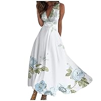 Floral Maxi Dresses for Women Deep V Neck Sleeveless Long Dresses Pleated High Waist Swing Party Formal Dress