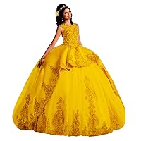 Women's Scoop Neck Embroidery Quinceanera Dress Lace Applique Ball Gown Dress
