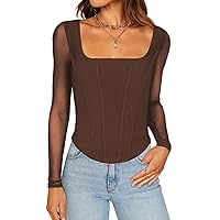 Womens Square Neck Mesh Long Sleeve Tops Bustier Corset Dressy Casual Basic Shirts Crop Tops