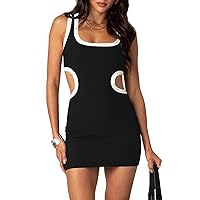 Fisoew Womens Cutout Mini Dress Sleeveless Ribbed Slim Fitted Contrast Color Summer Tank Dresses