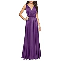 2024, Summer Casual Flutter Sleeveless V Neck Smocked Waist Tiered Boho Solid Stapless Flowy Maxi Dress Outfit (S, Purple)