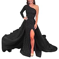 One Shoulder Sequin Prom Dresses with Detachable Train Long Sleeves Mermaid Sparkly Evening Gowns with Slit