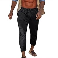 Mens Summer Cotton Linen Capri Pants Lightweight Drawstrings Loose Fit Beach Trousers Big and Tall Baggy Loose Fit Pant
