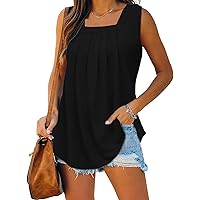 LERUCCI Womens Tank Tops Loose Fit Square Neck Summer Top Pleated Curved Hem Flowy Sleeveless Shirts