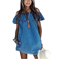 Women's Blue Jean Dress Off Shoulder Ruffle Short Sleeve Loose Denim Mini Dress with Pocket