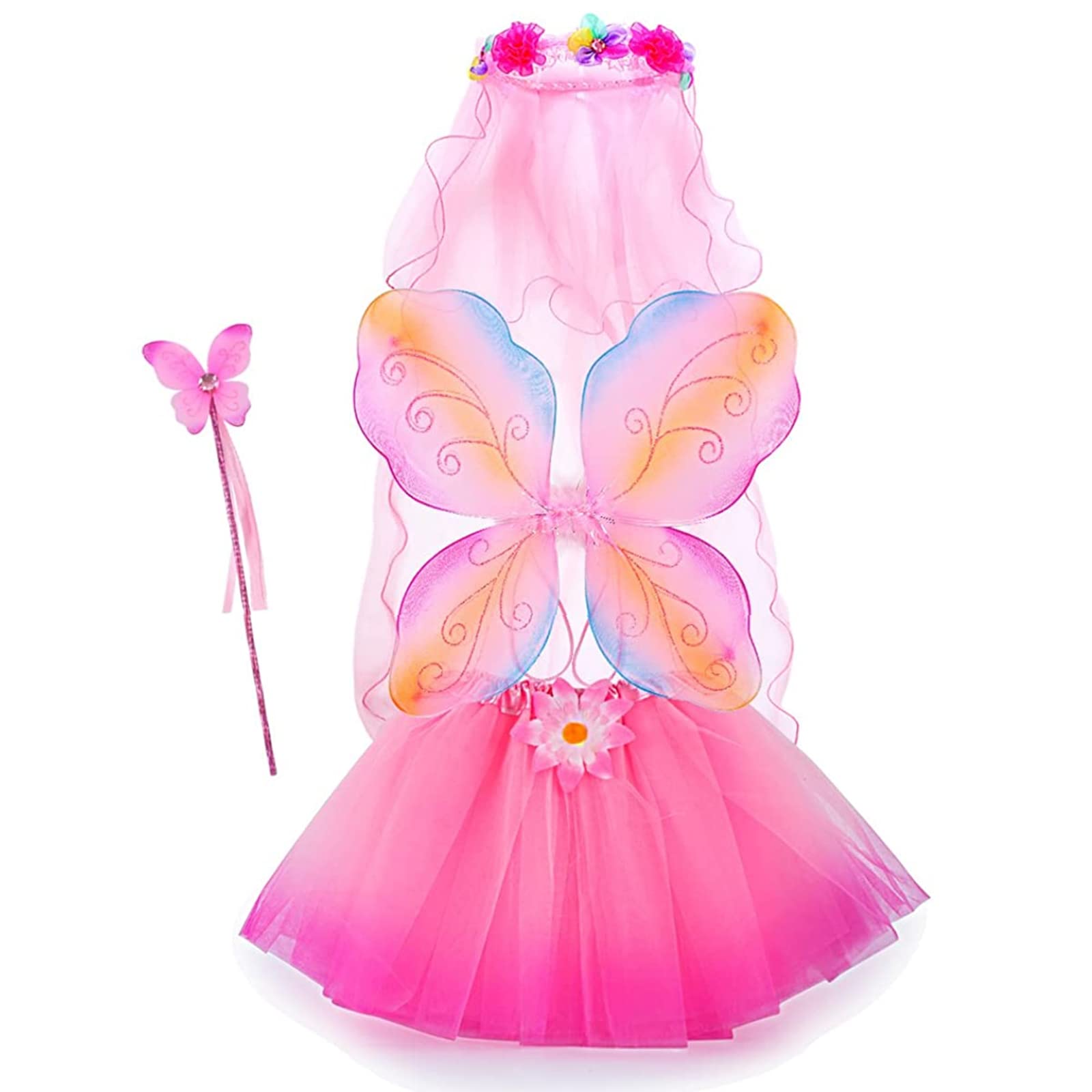 Fairy Costume, Sinuo Costume Set With Wings,Tutu,Wand and Veil Princess Set Fit Girls Age 3-8(Pink)