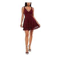 Womens Glitter Embroidered Ruffled Pullover Style Sleeveless V Neck Short Party Fit + Flare Dress