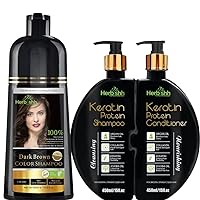 Herbishh Hair Color Shampoo for Gray Hair Dark Brown 500ml + Keratin Shampoo and Conditioner Set – Hydrating Keratin Shampoo & Nourishing Conditioner for Dry Damaged Hair