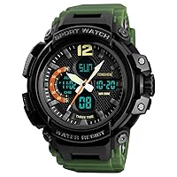 Large Dial Multifunction Outdoor Military Sport Digital Watch for Men Plastic Case with Rubber Band Analog Quartz LED Electronic Three Time 50M Waterproof Running Fitness Watches