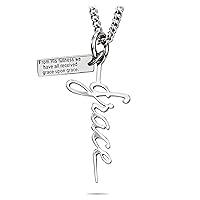 Shields of Strength Women’s Stainless Steel Grace Cross Pendant Curb Chain Necklace Vertical Word Charm John 1:16 Bible Verse Christian Jewelry All Ages