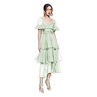 Sheer Silk Organza Ruffle Tiered Midi Dress Short Sleeves Formal Evening Wedding Guest Dress