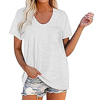 Womens Casual Summer Tops Plain T Shirts for Women Simple Classic Casual Trendy Versatile with Short Sleeve V Neck Pockets Blouses White 4X-Large