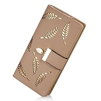 Women's Long Leaf Bifold Wallet Leather Card Holder Purse Zipper Buckle Elegant Clutch Wallet Handbag for Women - Khaki