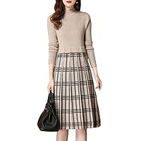 chouyatou Women's Vintage Plaid Checkered Color Block A Line Pleated Knitted Sweater Midi Long Dress