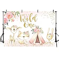MEHOFOTO Girl She's A Wild One Backdrop Tribal Boho Gild Happy 1st First Birthday Pink Floral Gold Teepee Photography Background Woodland Party Decorations Cake Table Banner 7x5ft