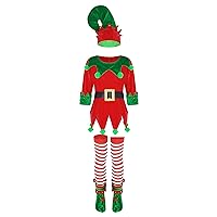 iiniim Toddler Child Girls Christmas Santa Claus Elf Outfits Sequined Dress with Hat Striped Stockings Costume Set
